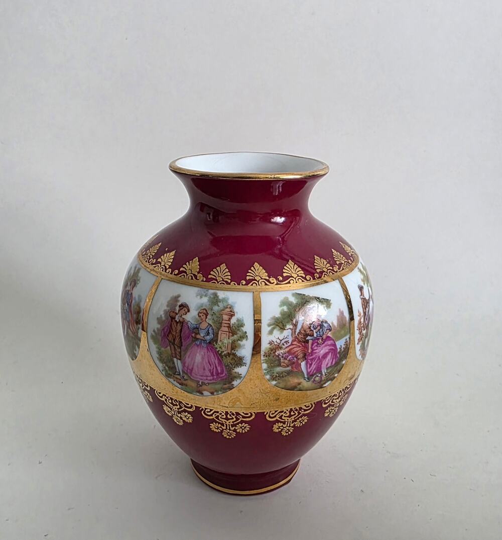 J.K.W Bavaria Western Germany Porcelain Vase Burgundy Gold Floral 5"